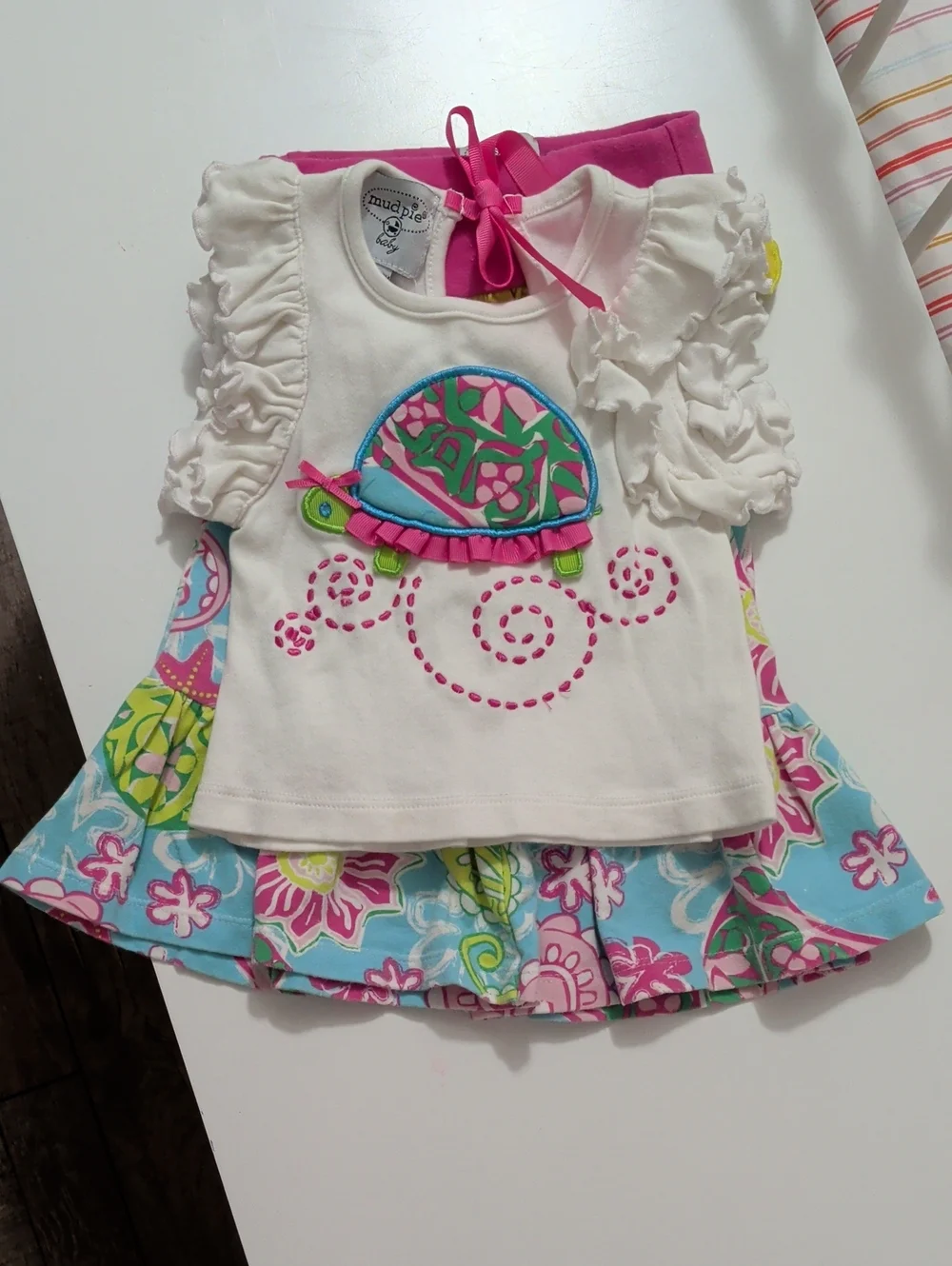 Mud Pie Turtle Top & Pink-Blue Floral Pants Two-Piece Set